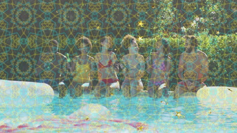 animation overlay with geometric pattern, people wearing colorful swimsuits by pool