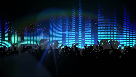 animation of light spots over people silhouettes and moving columns on black background