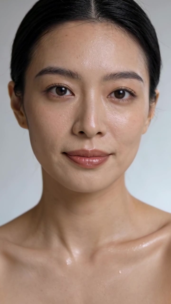 Video vertikal: Model sedang direkam tersenyum dan memiringkan kepala di studio untuk iklan perawatan kulit dengan bahu terbuka.