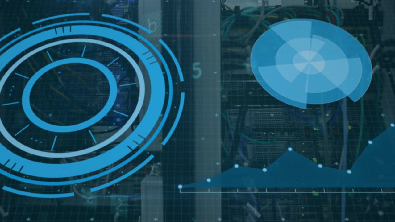 Animation of data processing on digital screen over servers