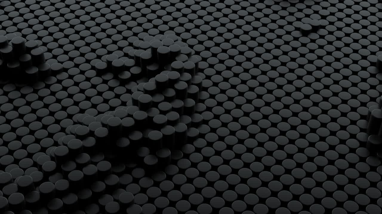 Abstract black background with cylinders. Ceramic round tiles. Geometry pattern. Random cells. Polygonal glossy surface. Futuristic abstraction. Seamless loop 3d animation of 4K