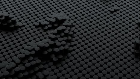 abstract black background with cylinders. ceramic round tiles. geometry pattern. random cells. polygonal glossy surface. futuristic abstraction. seamless loop 3d animation of 4k