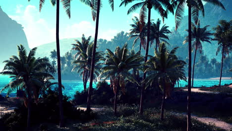 sunlit tropical landscape with palm trees and blue ocean under clear skies