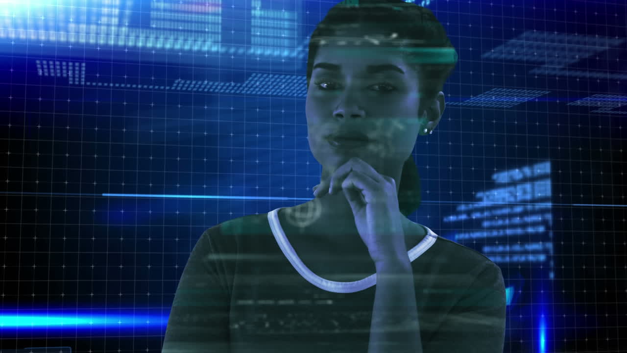 Data processing against woman with hand on her chin