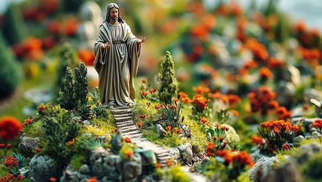 detailed miniature scene of a serene garden with a religious figure