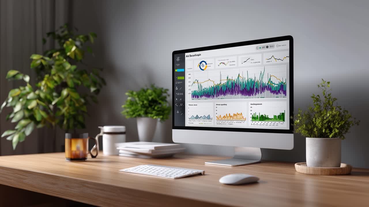 Modern Workspace Featuring a Computer Displaying Colorful Data Visualization Charts and Graphs, Surrounded by Lush Greenery in a Warm Atmosphere