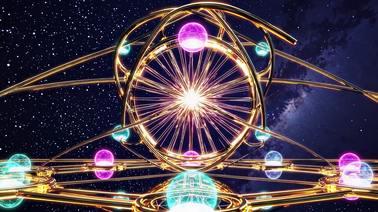 Luminous golden portal radiating ethereal light. Encircled by iridescent spheres and shimmering golden lines. Floating against expansive starry night sky backdrop. Evoking mystical cosmic dimensions