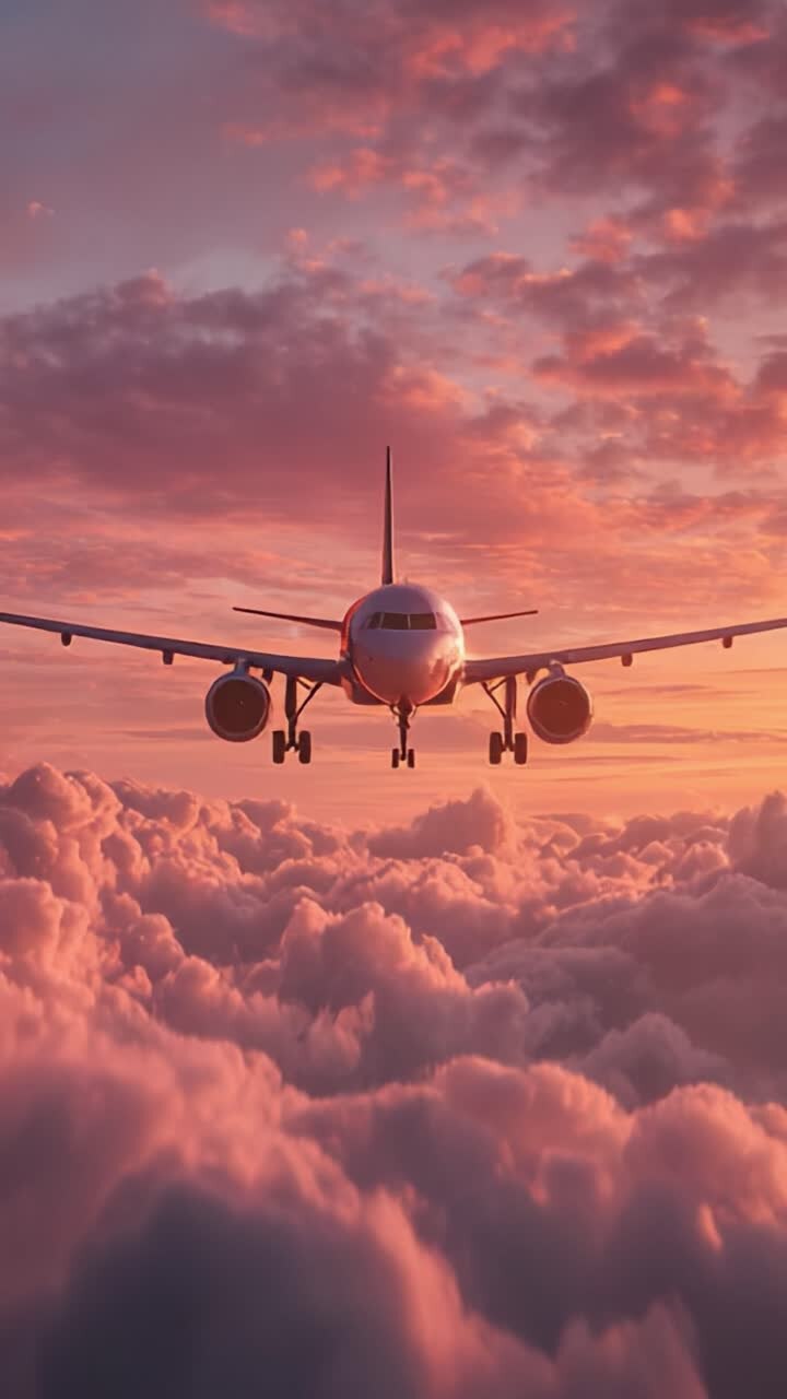 Un vol au coucher du soleil glorieux : un avion s’approche des nuages avec des couleurs vibrantes dans un ciel époustouflant, capturant l’essence du voyage aérien et de l’aventure
