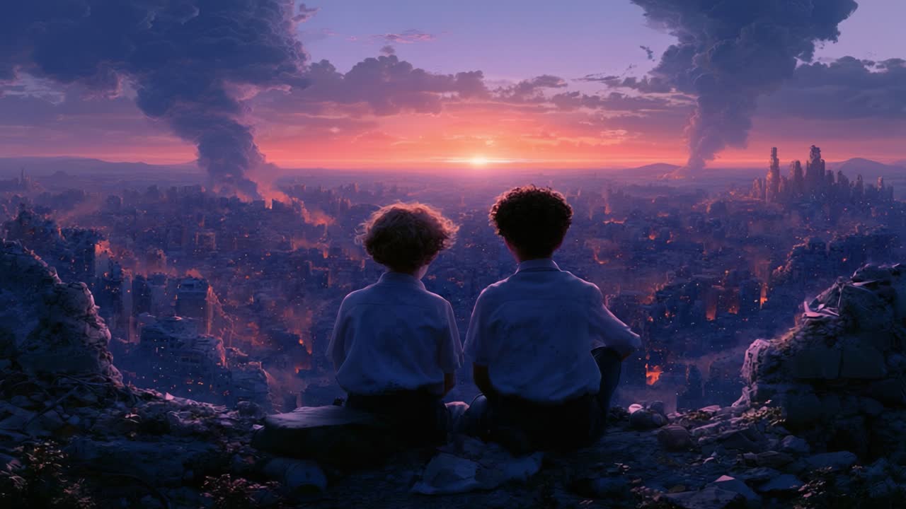 Breathtaking View of a Dystopian City Landscape at Sunset: Two Friends Seated on a Ruined Edge, Captivated by the Stunning, Fiery Horizon Amidst an Apocalyptic Backdrop