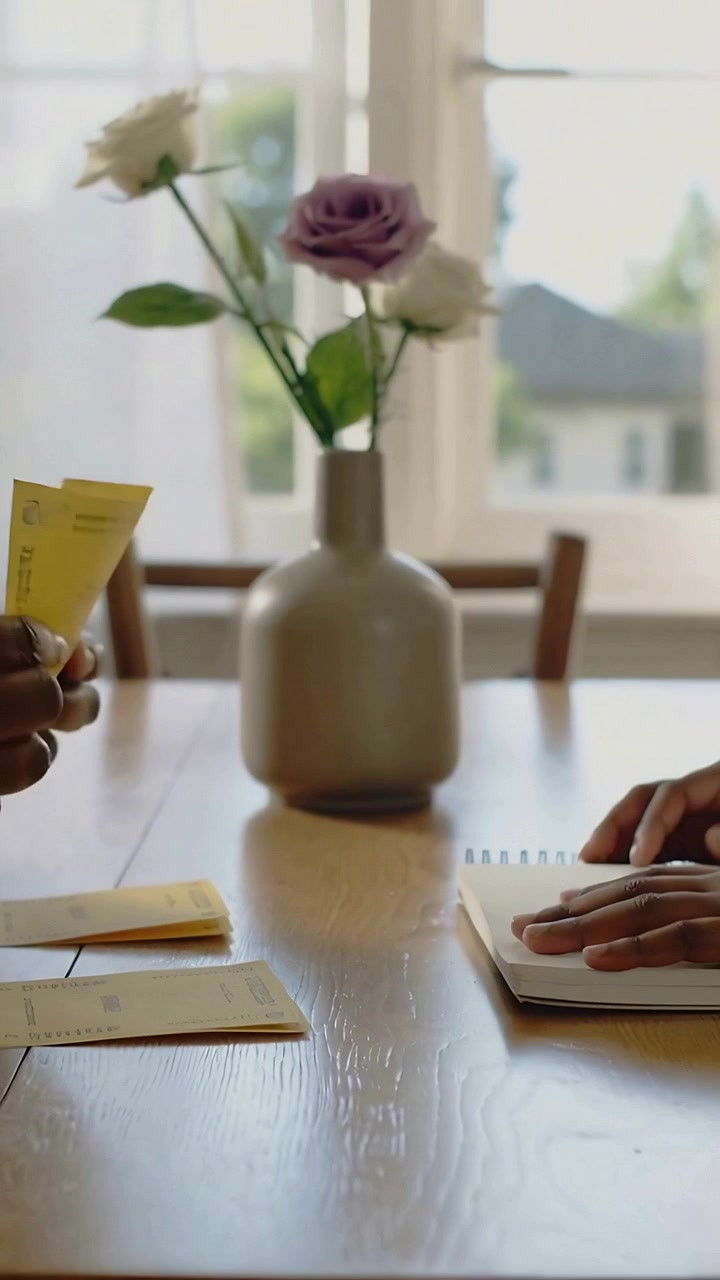 Vertical video: Sorting hands after pink slip, flipping slips, pressing notebook at home table
