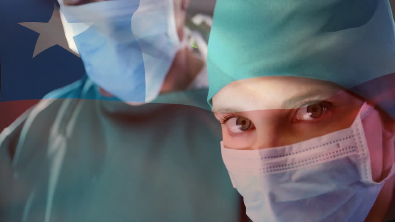 female surgeon performing surgery in medical operating room, featuring animated Texas flag overlay