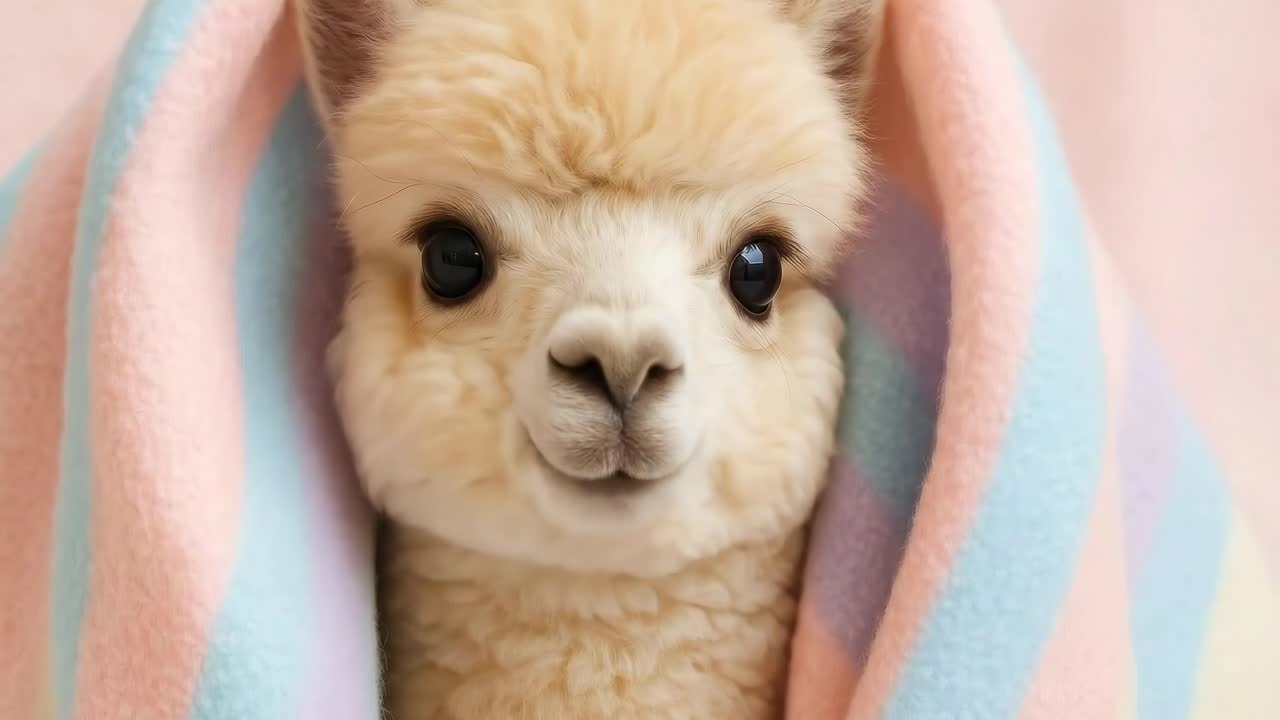 パステルカラーのブランケットに包まれたかわいいアルパカのクローズアップビデオ、好奇心旺盛な眼差しを捉えた