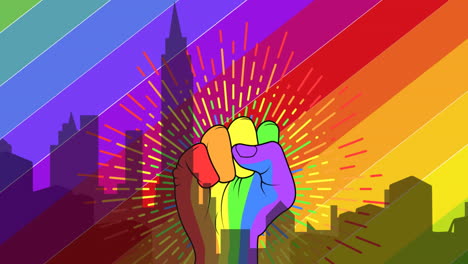 animation of fist over cityscape and rainbow