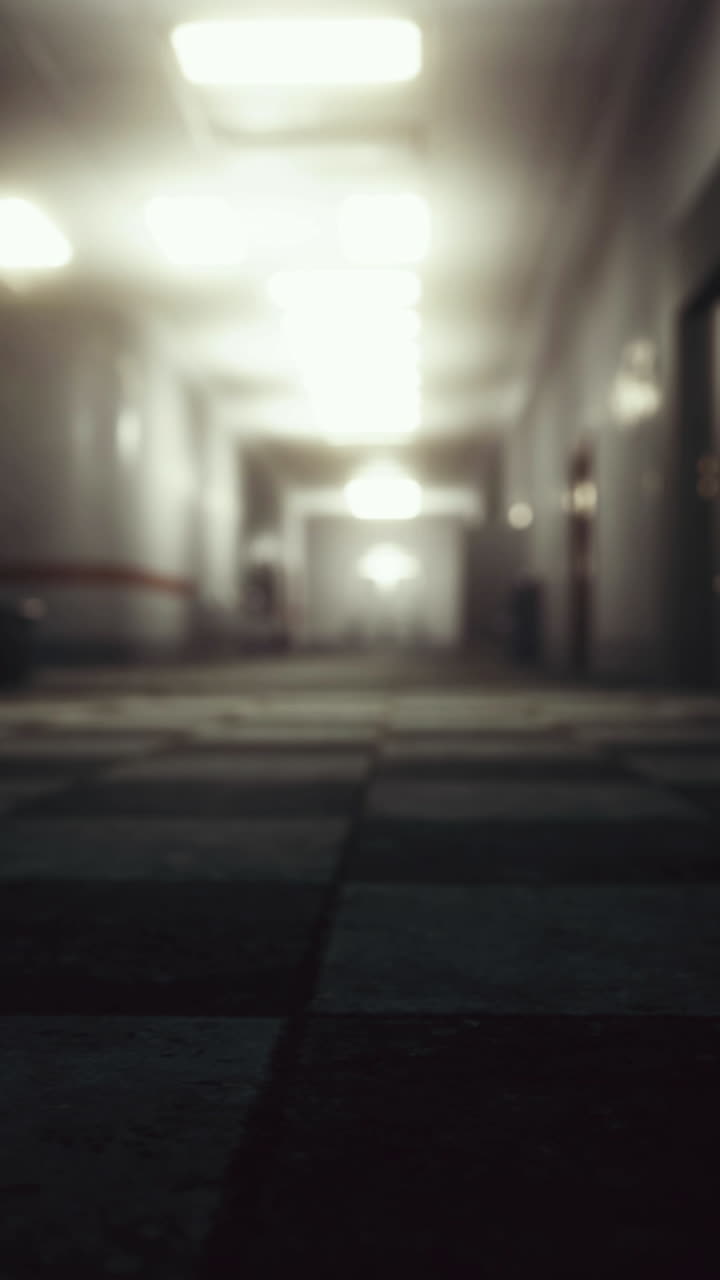 un pasillo largo y vacío con piso de azulejos y paredes blancas