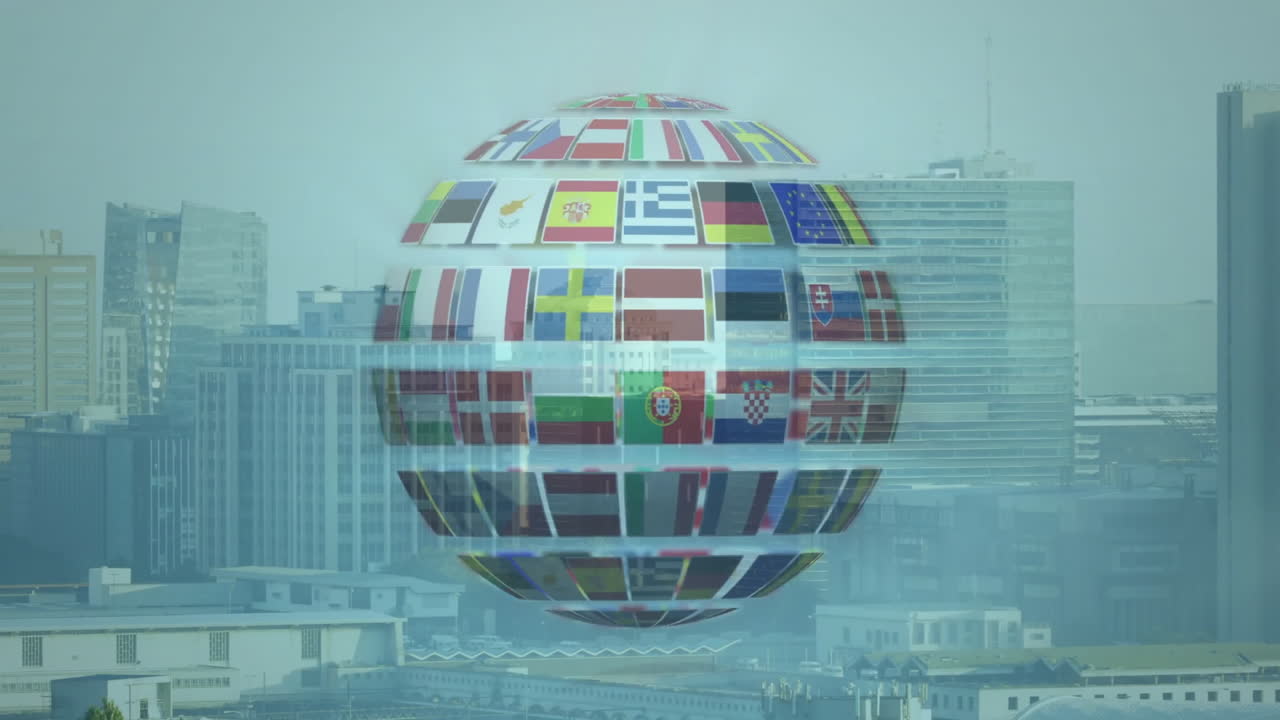 Rotating globe with international flags animation over cityscape background