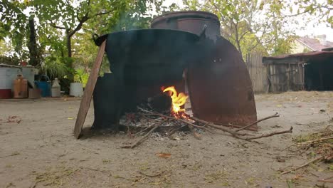 cocinar estofado de pescado en una olla al aire libre
