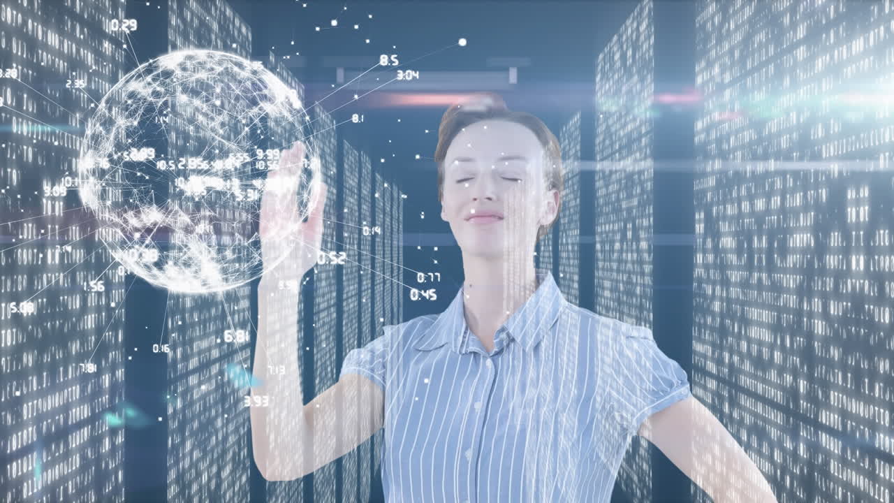 사람들의 네트워크 연결과 함께 3d 지구촌 모델과 함께 백인 여성의 애니메이션