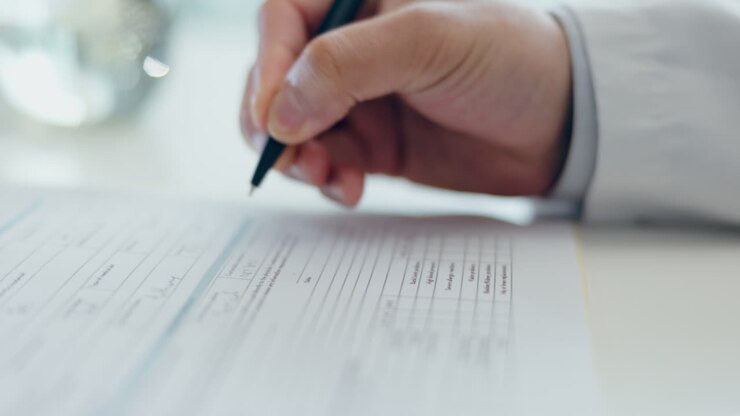Hands, documents and doctor writing on table