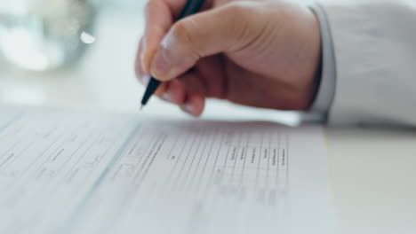 hands, documents and doctor writing on table