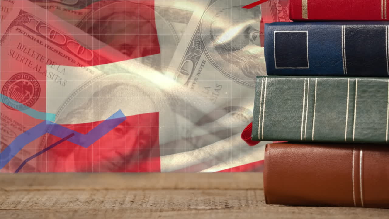 animación de una pila de libros y la bandera suiza en dólares