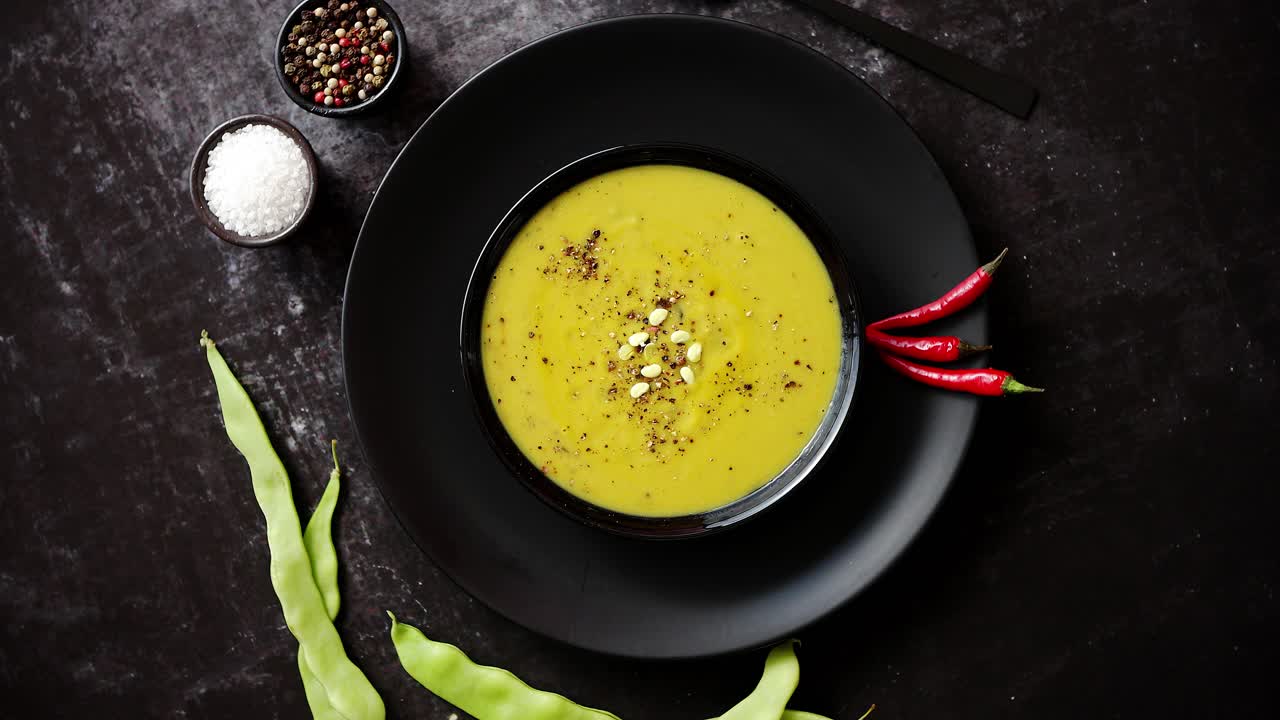 sopa cremosa con guisantes verdes en un plato blanco de cerámica