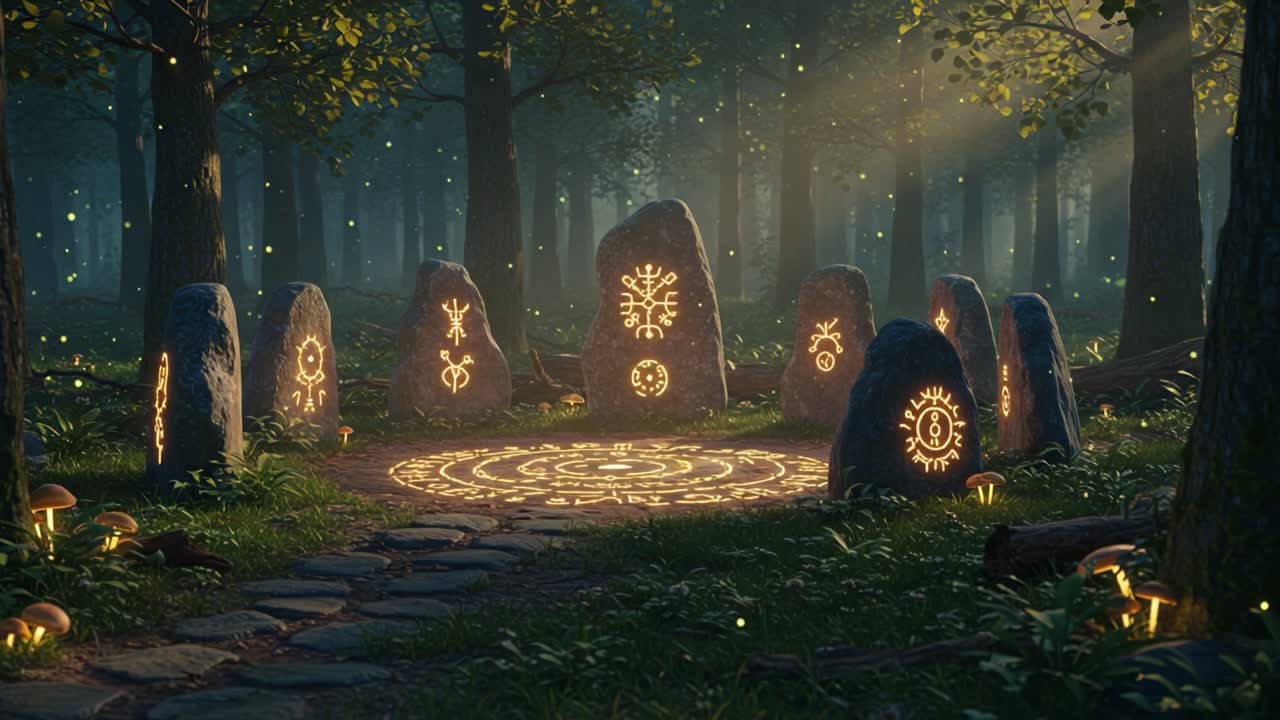 Ancient Ritual Site Surrounded by Enchanted Forest, Illuminated by Mystical Symbols and Soft Glowing Lights, Creating a Magical Atmosphere of Nature's Secrets