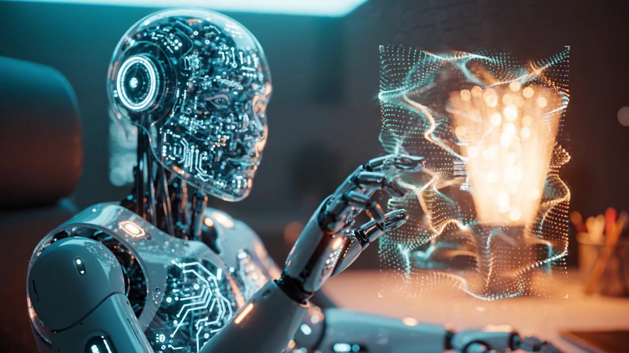 Futuristic humanoid robot with intricate electronic circuits interacts with digital displays in a modern setting, showcasing advanced artificial intelligence technology.