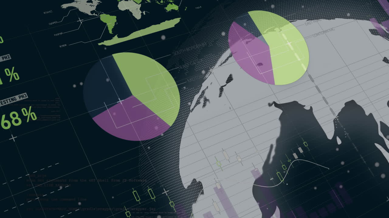 animación de una interfaz infográfica multicolor y un globo rotativo sobre un fondo negro