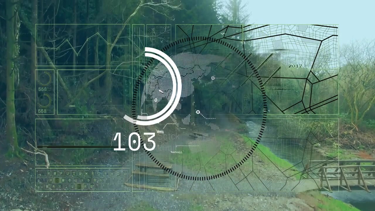 HUD che appare su una scia che anima un globo, con la lettura della mappa che sale e poi scende per il monitoraggio delle foreste.