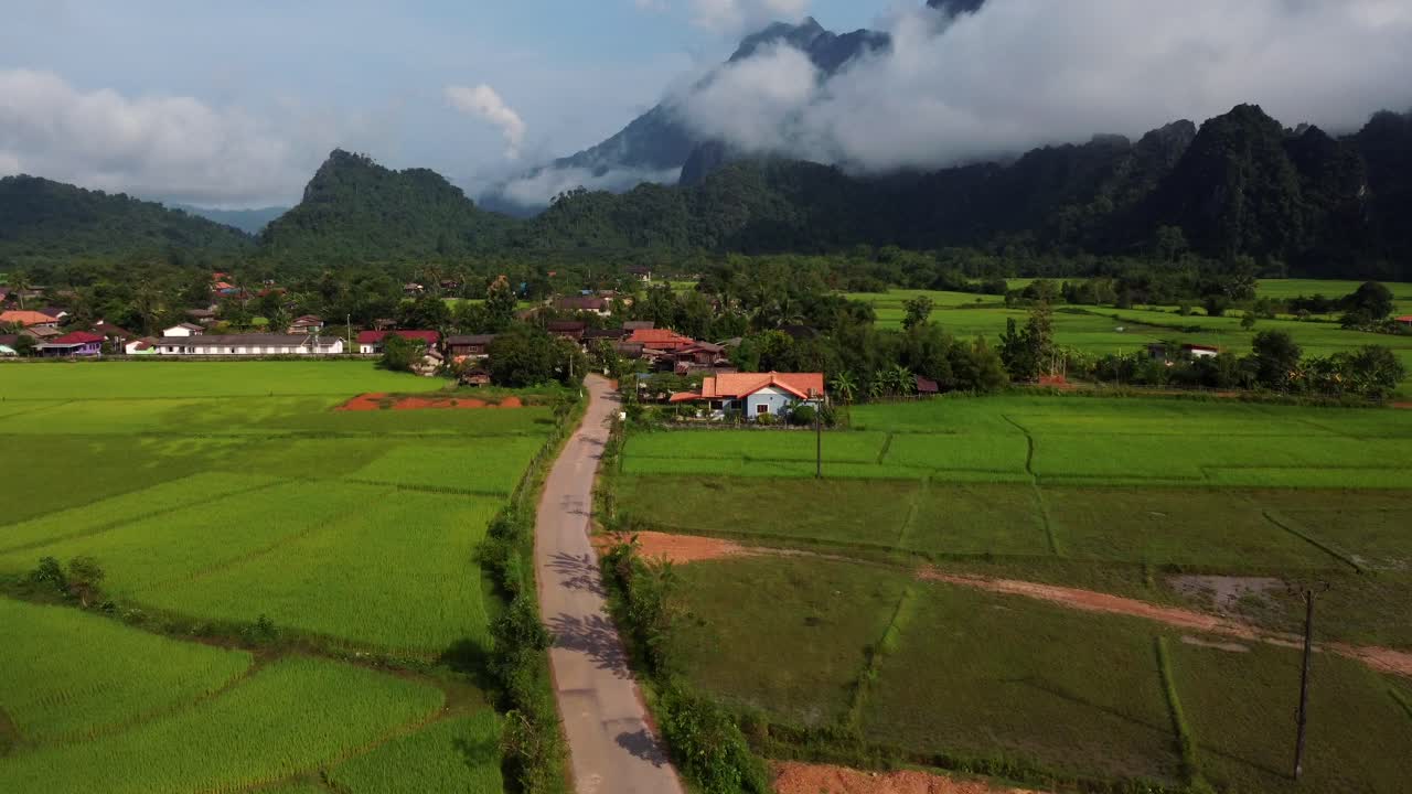 Auto che passano su una strada stretta in una zona rurale con abbondanti risaie e montagne in Laos