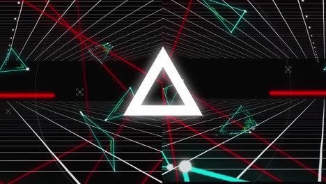 animation of scopes scanning, triangles and circles pulsating over grid on black background