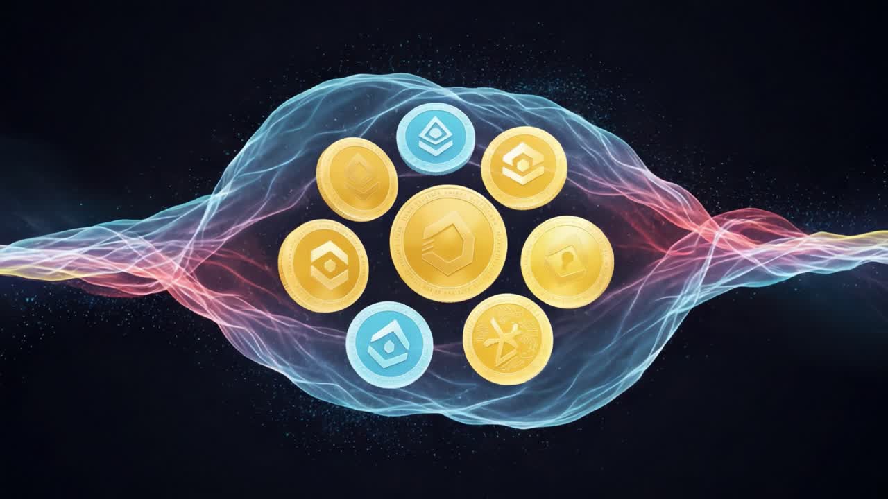 A Captivating Display of Cryptocurrencies: An Artistic Representation of Digital Coins Surrounded by Ethereal Waves of Light and Energy, Symbolizing Innovation and Progress in Finance