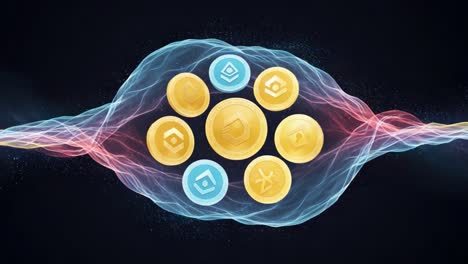 a captivating display of cryptocurrencies: an artistic representation of digital coins surrounded by ethereal waves of light and energy, symbolizing innovation and progress in finance