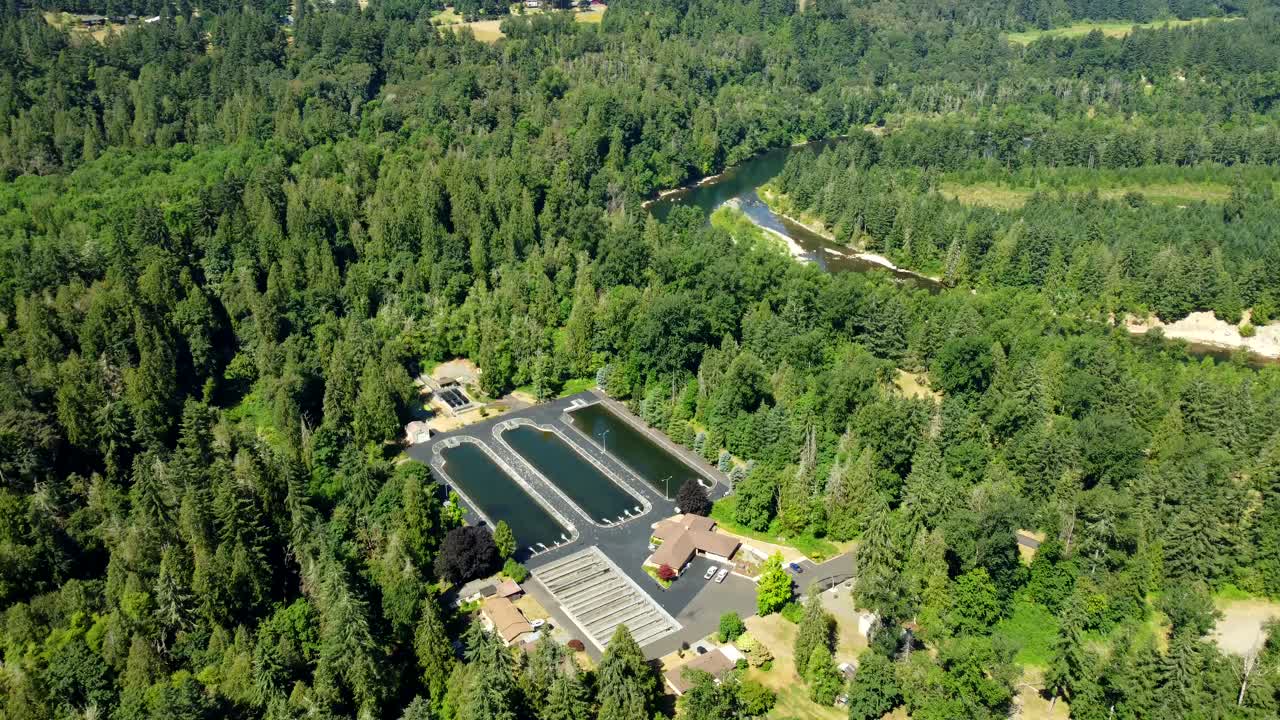 USA, OR, Estacada, McIver Park Fish Hatchery, 2024-07-14 - Flying over the Fish Hatchery at Milo McIver State Park.