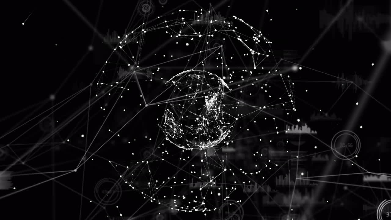 Animation of globe with networks of connections and data processing