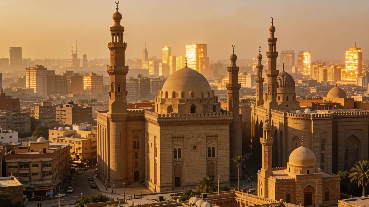 Drone che scivola in avanti sopra una moschea nella luce dorata, mettendo in risalto cupole e minareti, illuminando la torre.