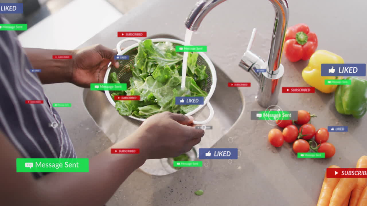 Man washing leafy greens in modern kitchen, displaying floating marketing notifications and likes