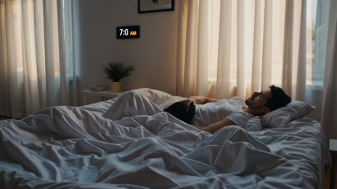 A couple relaxing in bed in the morning