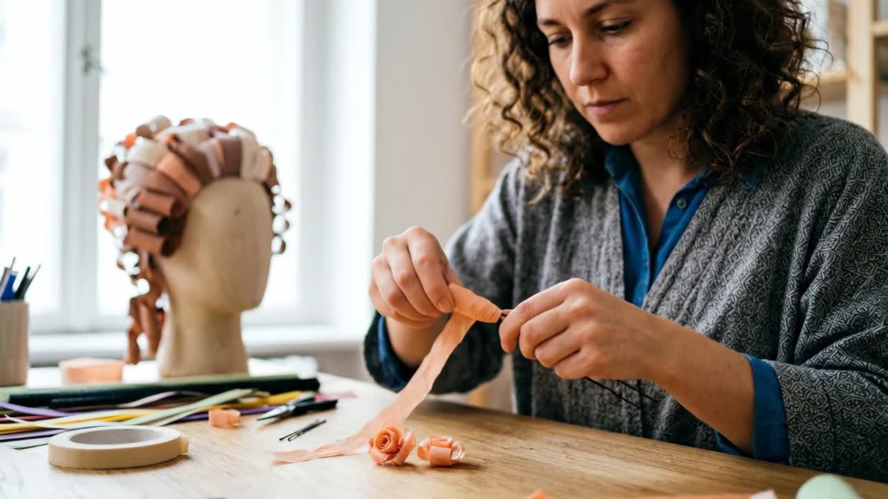 Woman Crafting Handmade Paper Flowers at a Workshop Desk