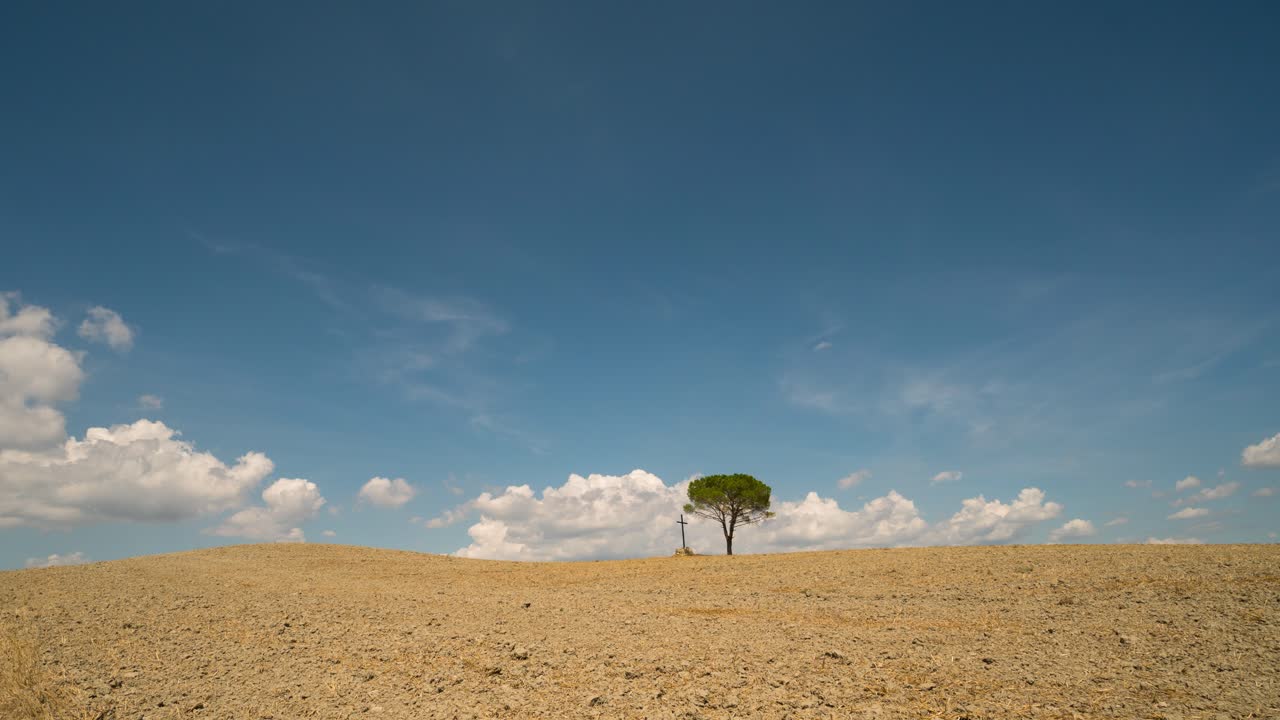 Timelapse of clouds behind a tree in the fields of Tuscany, Italy in 4k