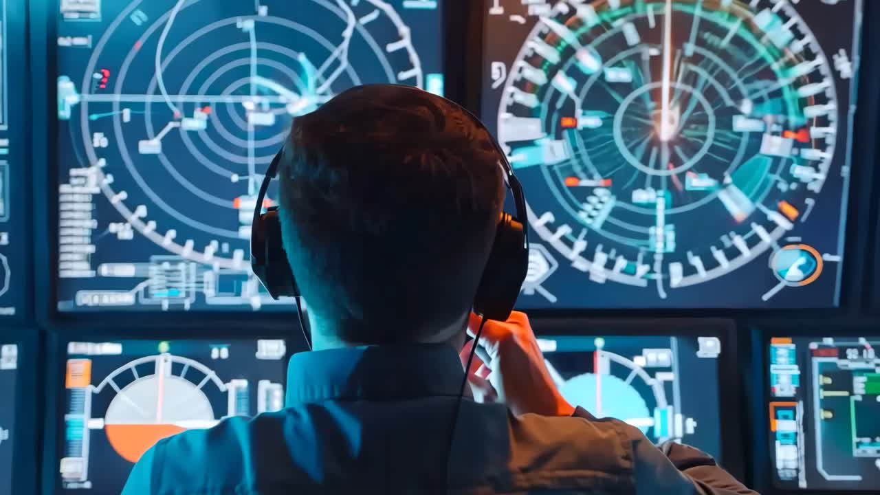 un hombre sentado frente a múltiples monitores en una sala de control