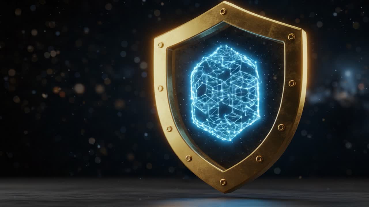 A Stunning Visual Representation of a Golden Shield with a Radiant Blue Digital Design, Symbolizing Protection and Innovation in the Modern Digital Era