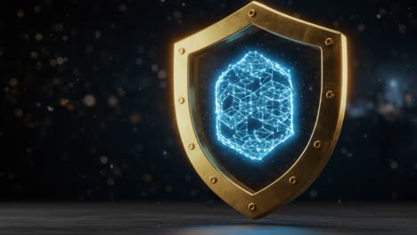 a stunning visual representation of a golden shield with a radiant blue digital design, symbolizing protection and innovation in the modern digital era
