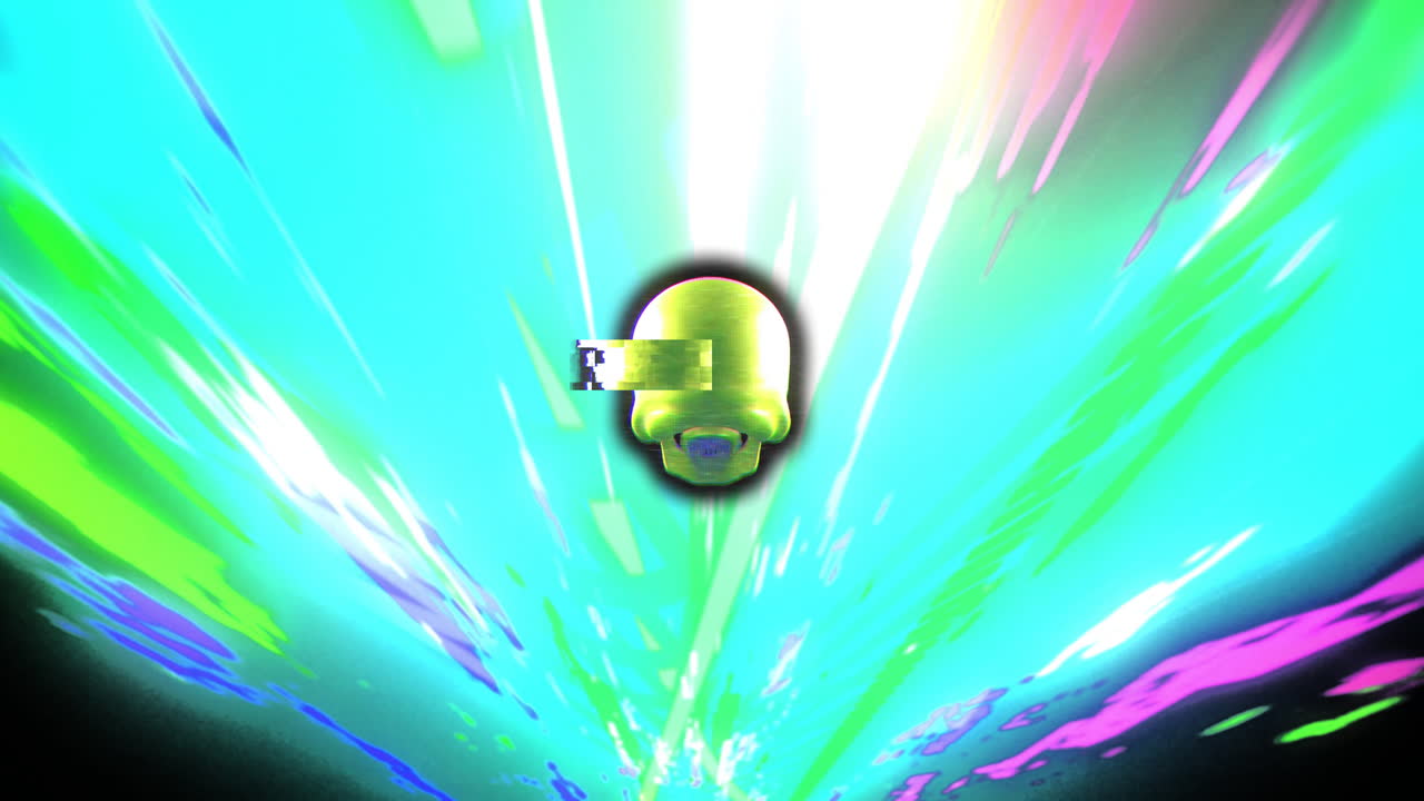 Animación de una calavera digital sobre estelas de luz coloridas