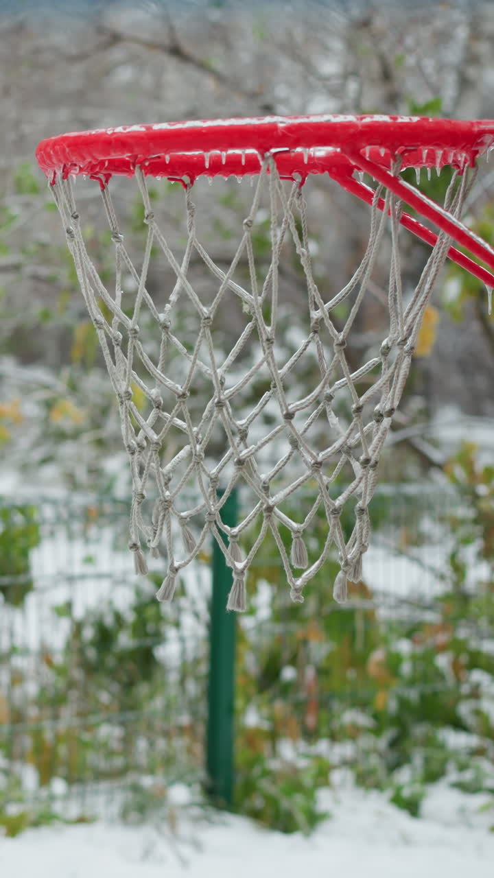 anillo de baloncesto congelado con red cubierta de hielo en primer plano, jardín nevado suavemente borroso en el fondo, destacando una serena escena de deportes de invierno