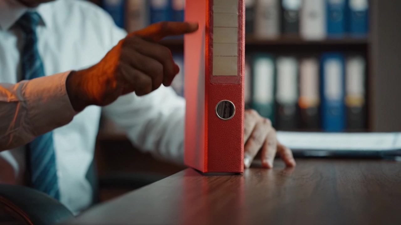 A Professional Individual Organizing Documents in a Red Binder on a Wooden Desk Surrounded by a Neatly Arranged Office Environment Filled with Books