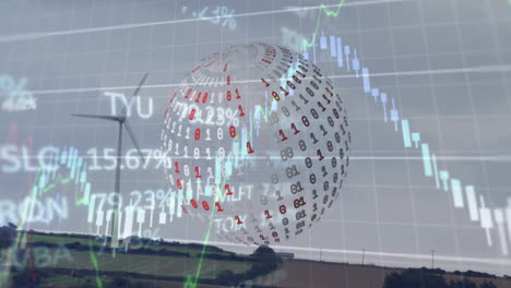 animation of globe with binary coding and digital data processing over wind turbine