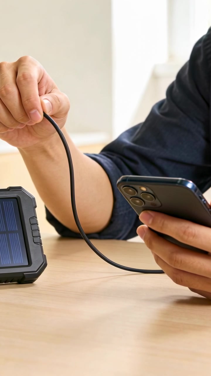 Video verticale: Uomo con maglia scura alla scrivania che solleva un cavo e collega il telefono a un caricatore solare per la ricarica.
