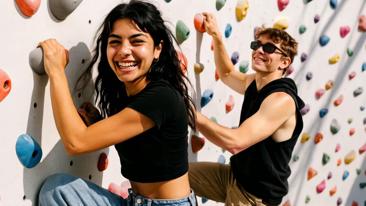 A vibrant video still of two people climbing a colorful wall, captured from a low angle