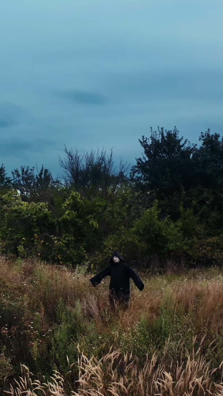Mysterious ghost in black cloak among nature. Dark figure standing on the field under cloudy sky. Scary death. Horror concept. Drone view. Vertical video
